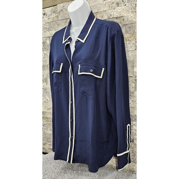 RARE 100% silk J.Crew Classic Fit Button Up Shirt Womens 18 Navy Blue White Trim - Picture 2 of 15